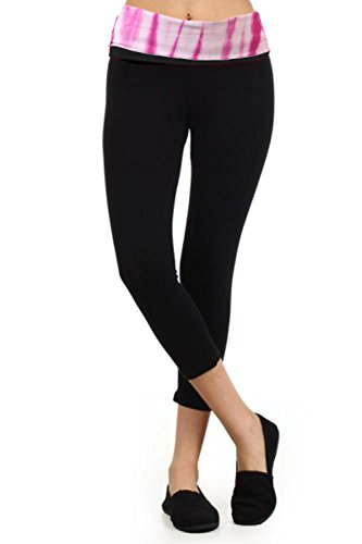 Simlu Womens Tie Dye Contrasting Fold Over Cropped Capri Leggings - Tie Dye Waistband