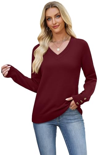 Image of WIHOLL Lightweight Sweaters for Women Long Sleeve V Neck Knit Outfits with Decorative Buttons