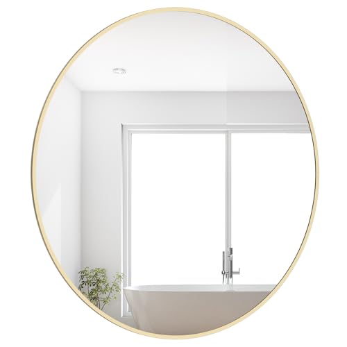 Image of WallBeyond 28 inch Round Mirror Gold Large Circle Wall Mirror for Bathroom with Metal Framed, Round Wall Mirror for Wall Decor, Vanity, Entryway Living Room