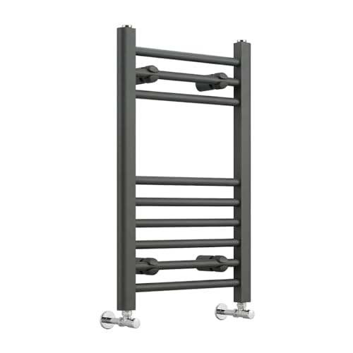 iBathUK Zypher Straight Wall Mounted Heated Towel Rail, 9 Column Steel High Thermal Output Hydronic Central Heating, Round Designer Towel Rail in Matt Anthracite, 650 × 400mm