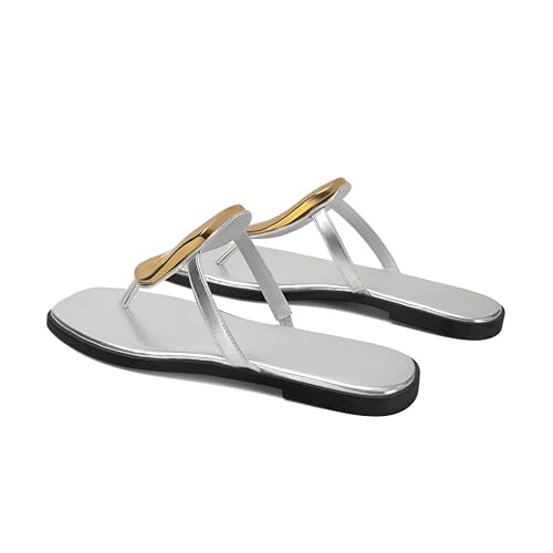 Image of Wnshonzy Flip-Flops for Women Thong Sandals Flat Slip on Slides Beach Comfort Open Square Toe Ladies Slipper Dressy Metal Hardware Decoration Summer Shoes Casual Fashion