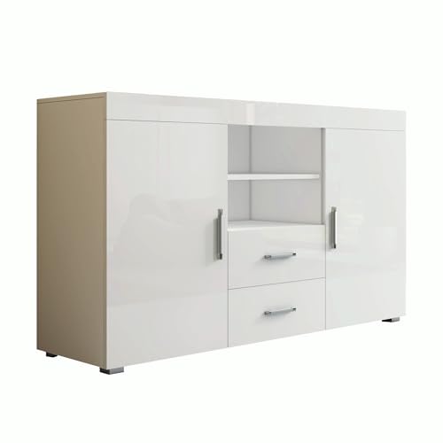 MB Muebles Bonitos, Aparador Roque para Salón Comedor Moderno, Mueble TV de Melamina, Blanco Brillo, 140x80x40 cm