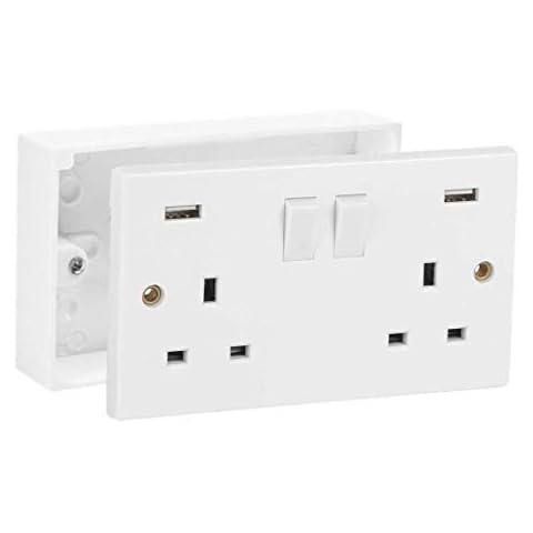SHP Electrical® 13A Double White Switched Socket w/ 2 x Fast Charge 5V DC 3.1A USB Ports & Double Surface Mount 32mm Pattress Box 2 Gang Set Electrical Outlets Cover
