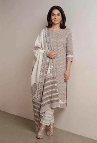Image of Eddika women unstitched hand block printed cotton suit set with mulmul dupatta ehbpcswmd0120P