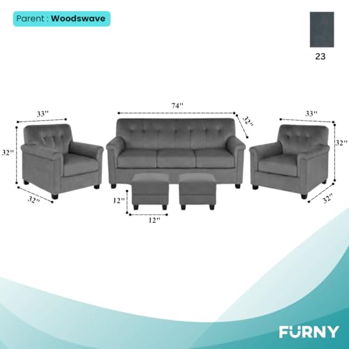Image of FURNY Woodswave 5 Seater 3+1+1+2 Puffy Sofa Set for Living Room in Premium Velvet Finish (Dark Grey) Durable & Comfortable Ideal for Living Rooms