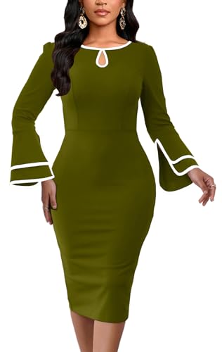 Image of ZonJie Church Dresses for Women Bell Sleeves Business Wear to Work Cocktail Party Pencil Casual Dress