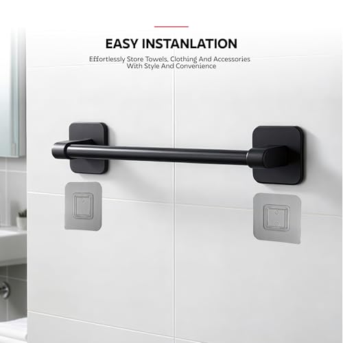 Image of Amazon Basics Self Adhesive Towel Rod for Bathroom No Drill - 12 Inch Rust Resistant Aluminum Towel Holder, Strong Adhesive Wall Mounted Towel Hanger for Bathroom & Kitchen Pack of 1