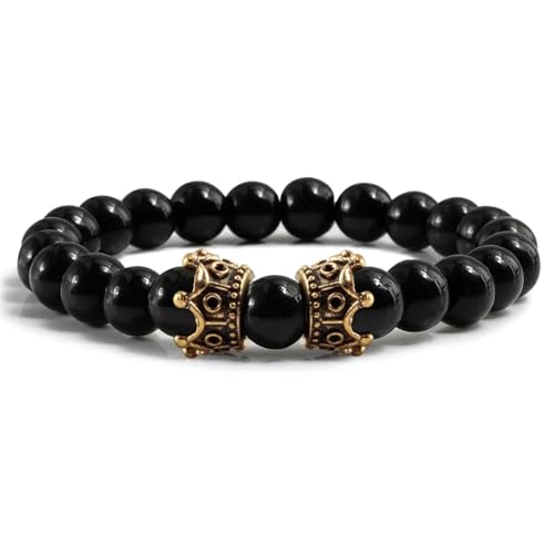 Bracelet homme en lave noire et pierre naturelle, le cadeau fait main avec couronne