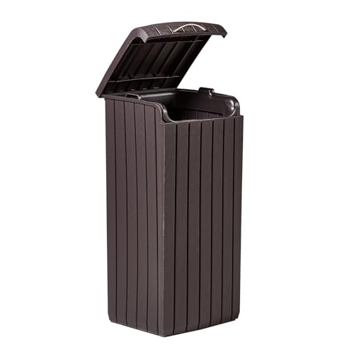 Keter Copenhagen 32 Gallon Resin Large Trash Can with Lid for Patio and Outdoor Kitchen, Brown