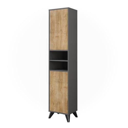 Vicco Armoire de Salle de Bain Leano, Anthracite/Chêne de Montagne, 38x180cm avec 2 Portes, Convient pour Le Rangement des Accessoires de Salle de Bain et des...