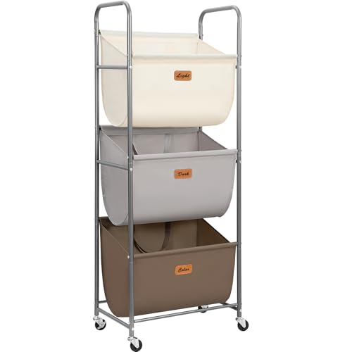 STORAGE MANIAC 120 Liters Vertical Rolling Laundry Hamper, 3 Section Laundry Sorter with Wheels and 2 Breaks, 3-tier Laundry Baskets for Small Space, Dorm, Laundry Room, Closet, Multicolored 3-tier