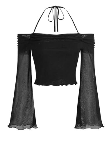 GORGLITTER Women's Bell Sleeve Off The Shoulder Tops Mesh Long Sleeve Ruched Halter Crop Top