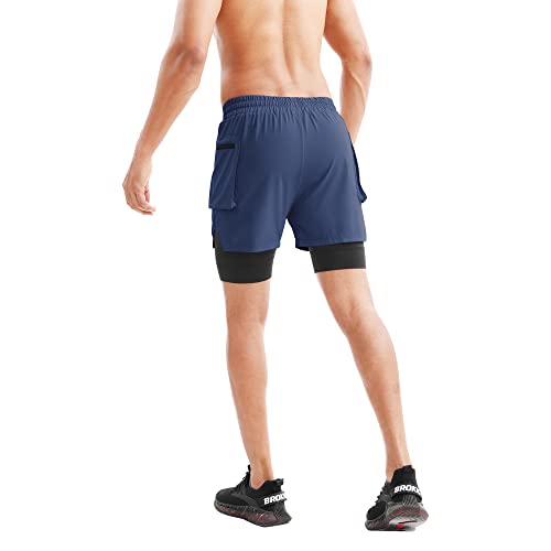 Mens Athletic Shorts Thigh Pockets,2 In 1 Gym Shorts,Lightweight Quick Dry Workout Fitness Sport Running Shorts For Men Zipper Pocket, 5 Inch Swim Trunk Compression Liner Board Short(Medium,Blue) #TOP5