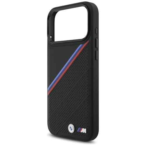 Image of CG MOBILE BMW [Official Licensed] Protective Case Designed for iPhone 17 Pro Max |Magnetic Compatible|M Collection|Pu Leather Tricolor Slanted Stripes & Metal Logos -Black