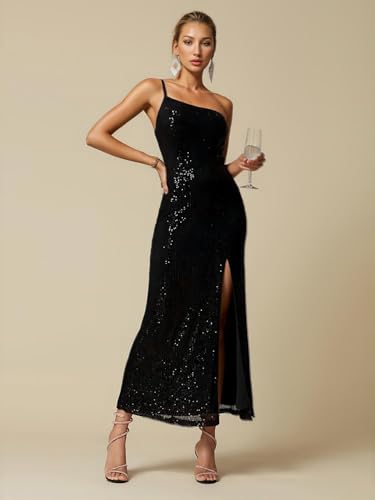 Homecoming Dresses 2025 Women's Black Prom Formal Ball Gown One Shoulder Evening Sequin Sparkly Cocktail Long Dress3