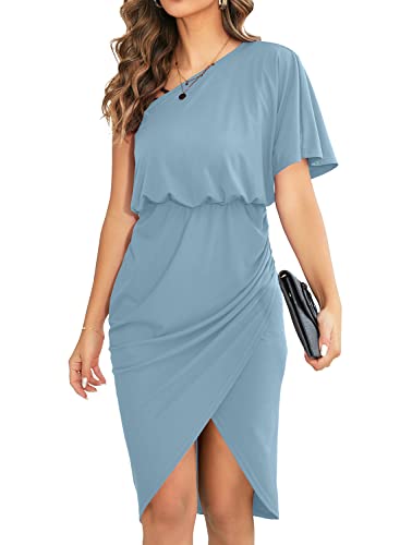 Owin Women's Elegant One Shoulder Batwing Sleeve Ruched Split Summer Wedding Guest Midi Dress Light Blue L #TOP23