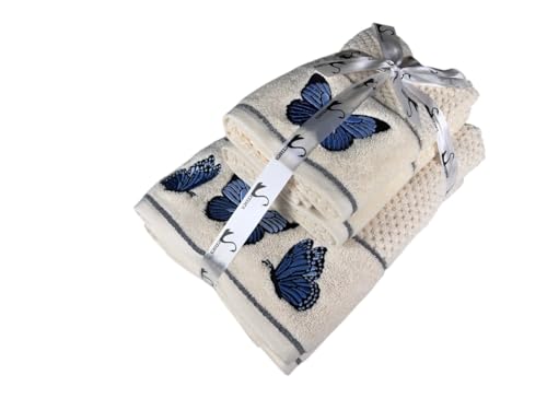 Image of SENSES By Riba Cotton Embroidered Towel Set, 550 GSM Soft & Absorbent, Antimicrobial, Oeko-Tex Certified | Ideal for Home & Gifting, Pack of 4 (2 Bath 27 inchX50 inch + 2 Hand Towels 16 inchX26 inch) - Style 11