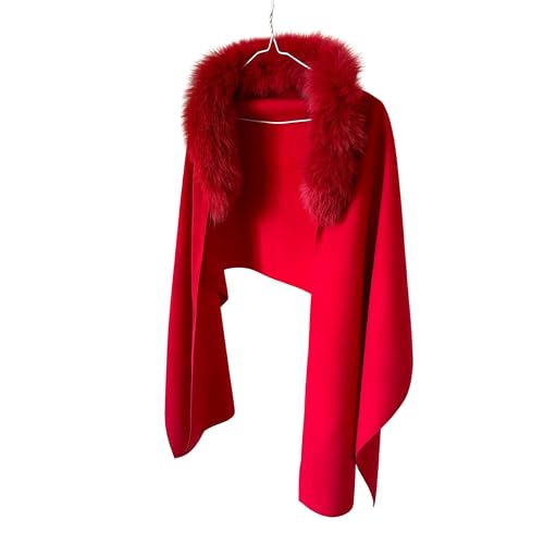 Red Women Scarf Stole Cape Wrap Trim Fox Fur, Extra Large Shawl, Winter Gift, Woolen blend Cape Scarf