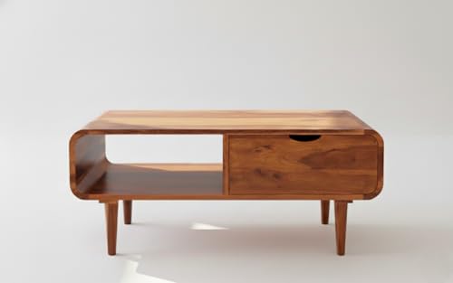 Image of Sheeshsam Wooden Center Coffee Table with Drawer & Shelf - Solid Wooden Coffee Table for Living Room - Tea Table Teapoy Center Piece for Home Sofa Center Table for Living Room (Honey, Scott)