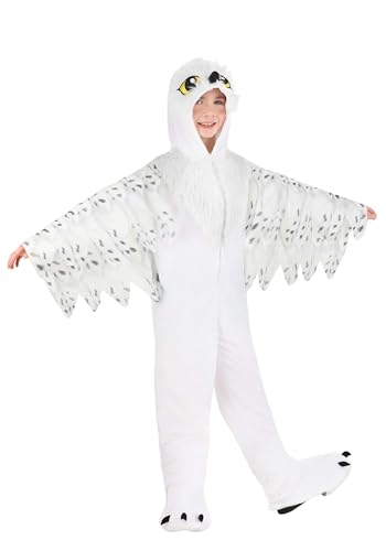 Kids White Owl Halloween Costume | Plush Hooded Jumpsuit with Shoe Covers for Boys and Girls for Dress-Up and Parties Medium
