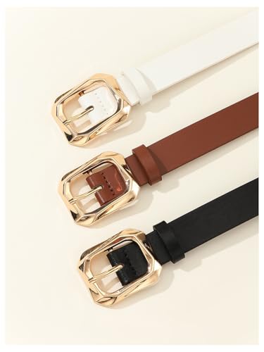 OYOANGLE Women's 3 Pack PU Leather Belts Fashion Wide Belt with Square Gold Buckle3