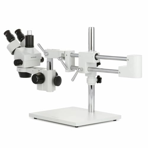 Image of AmScope SM-4TX-FRL Professional Trinocular Stereo Zoom Microscope, WH10x Eyepieces, 3.5X-45X Magnification, 0.7X-4.5X Zoom Objective, 8W Fluorescent Ring Light, Double-Arm Boom Stand, 110V-120V, Includes 0.5X Barlow Lens
