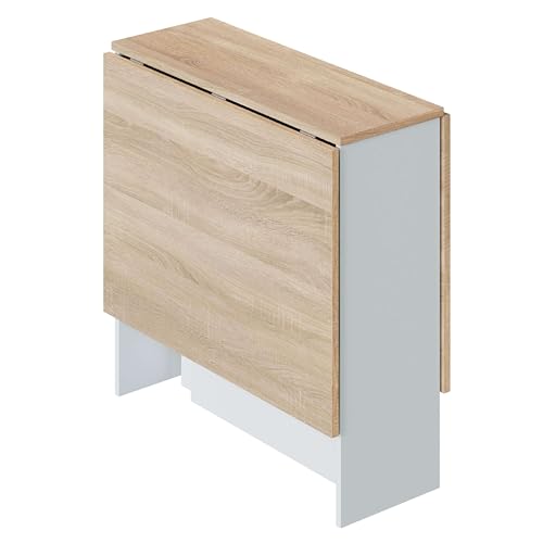 Habitdesign Mesa Auxiliar con Alas Abatibles, Mesa Cocina, Acabado en Color Blanco Artik y Roble Canadian, Modelo Fly, Medidas: 77 cm (Largo) x 31-140 cm (Ancho) x 79 cm (Alto), Abatible