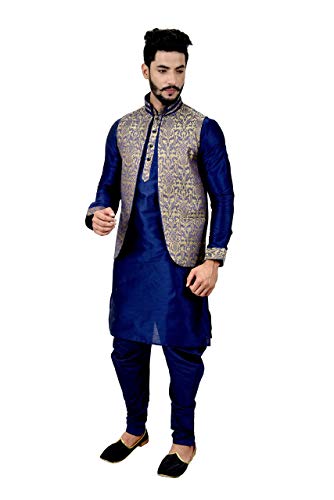 Indian Traditional Silk Navy Blue Sherwani Kurta Set with Multicolour Jacket for Men3
