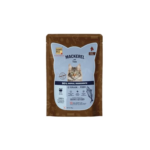 Image of Brunos Cat Wet Food - Mackerel & Tuna - 85g (Pack of 6) | Cat & Kitten|90% Animal Ingredients | Grain-Free | Hydrating Fish Broth, Taurine Support & Complete Nutrition for Healthy Skin Vitality