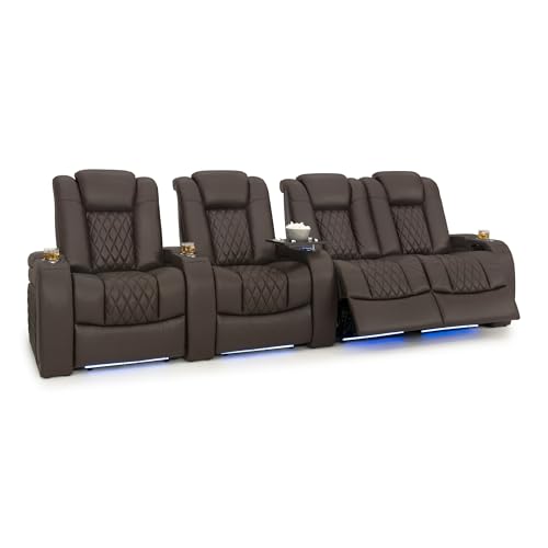 Image of Seatcraft Diamante Brown Italian Leather Home Theater Seating, Zero Gravity Power Recliner Gaming and Home Office Chair Powered Headrest Lounge Sofa Furniture for Cinema Room, Row of 4 Right Loveseats