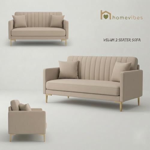 Image of Velum 3 Seater Sofa for Living Room & Office | Premium Fabric Upholstery | Solid Wood Frame | Comfortable Seating | 3 Years Warranty (Beige, 2 Seater Sofa)