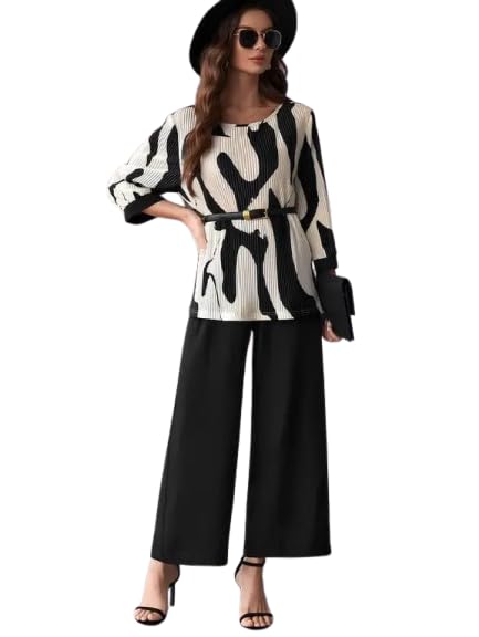 Women Trendy Printed Shirt with Wide Leg Pants Matching Co-Ord Set Relaxed Fit Stylish Ensemble Z_ Lycra Patta_Parent-picture-41