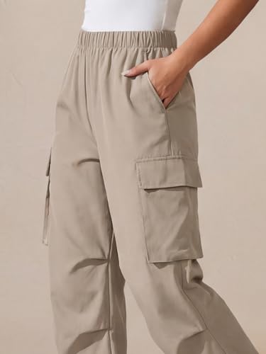 Image of GRECIILOOKS High Waist Cotton Trousers for Women - Flared Parachute Pants with Side Pockets | Casual Travel Cargo Pants