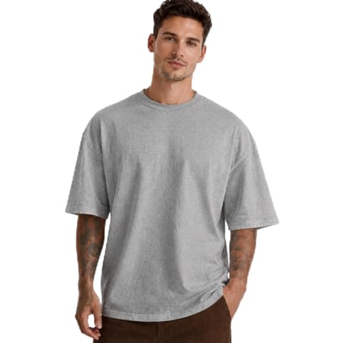 Image of Men's Oversized Round Neck Cotton T-Shirt for Men | Premium Soft Cotton Casual Loose Fit Half Sleeve Plain Tee Shirt