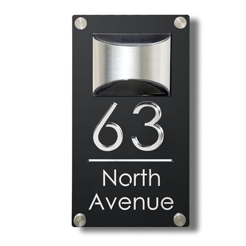 House Numbers Plaques with Solar Light Solar House Number Sign Solar Door Number Plaques for Wall Led House Numbers for Outside (Silver Mirror)