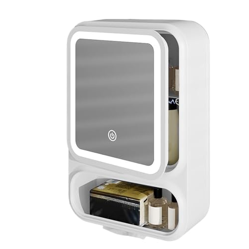 Armadietto Bagno con Specchio | Specchio ad Angolo con Mobile da Parete per Bagno - Luci LED, Dispenser Carta Magnetico e Design Moderno per Shampoo e Trucchi