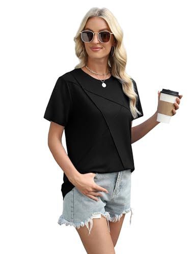 XIEERDUO Womens Summer Tops 2025 Pleated Round Neck Short Sleeve Shirts Business Casual3