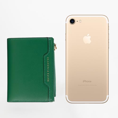 Slim Genuine Leather Wallet for Women Bifold/Trifold Compact with Zipper Pocket Black (Green)4