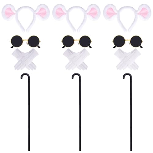 12 Pcs Mouse Costume Accessories Set Mouse Ears Headband Sunglasses Blind Cane White Gloves for Halloween Adult Women Costume