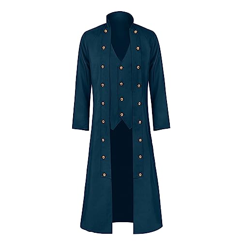 Generisch Abrigo retro medieval monocolor manga larga cuello alto tres filas hombre abrigo correa longitud cintura, azul, 4XL