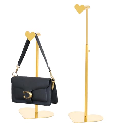Purse Display Stand, 2 Pack Heart-shape Display Rack Stainless Steel Handbag Purse Holder Gold Hanging Hook Stands Adjustable Height Table Ornament Jewelry Towers for Home Store Boutique Counter