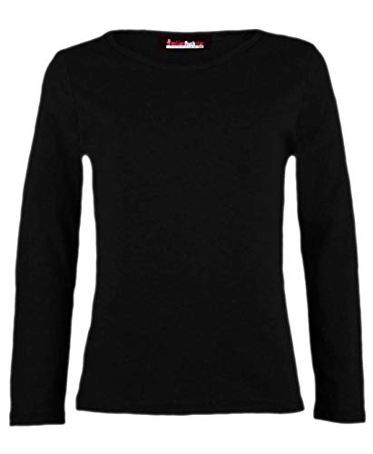 Camiseta básica de manga larga elástica con cuello redondo para niñas, camiseta de escuela, color negro, 5-6 años, Negro, 5-6 Años