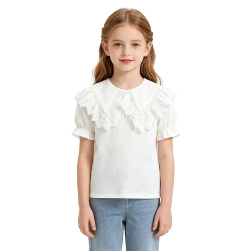 Image of Gemzon Girls Tops Short Sleeve Lace Lapel Kids Girls T-Shirt Spring Summer Fashion Casual Tee Top Cotton White 12-13 Years