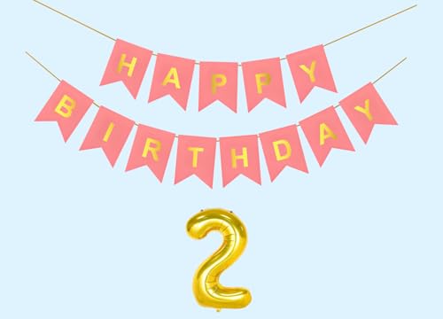 Image of 2nd Happy Birthday Decoration Kit Light Pink for 2 year Old Boys Girls Baby with Number Two Party Decorations Decor Celebration Items Item Set Combo Reusable Paper Banner