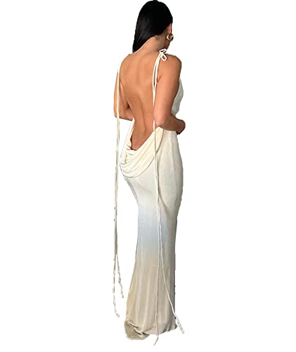 SOMTHRON Women's Sexy Spaghetti Strap Backless Maxi Dress Slim Fit Lace Up  Bodycon Evening Club Dress AP-S Apricot at Amazon Women's Clothing store