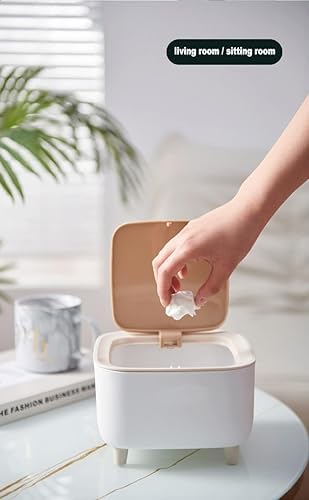Image of Free-standing Garbage Can, Press Type Trash Can With Lid, Mini Trash Can, Office Small Waste Paper Bucket, Garbage Can, Dresser Countertop Rubbish Can (White)