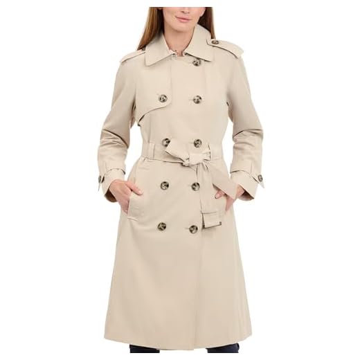 London Fog Women's Double-Breasted 3/4 Length Belted Trench Coat, Stone, XL Extra Large