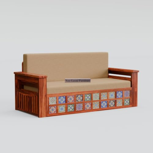 Image of Wooden Sofa Cum Bed for Living Room | Convertible Sofa Bed with Storage | 3 Seater Foldable Sleeper Sofa | Solid Wood Pull Out Sofa Bed with Mattress for Home & Guest Room (Honey, Anna)