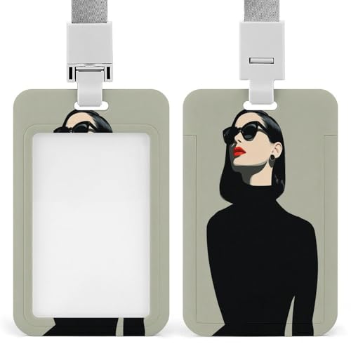 Hermosa mujer con lentes de sol, labios rojos, portatarjetas retráctiles, protector de tarjetas, placa de nombre, etiqueta de nombre para trabajo, oficina, médico, enfermera