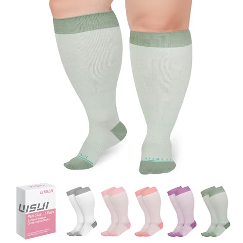 Image of UISLII Plus Size Compression Socks Wide Calf Women Men,5 Pairs 20-30mmHg Extra Width Calf Viscose Knee High Compression Socks for Circulation Support